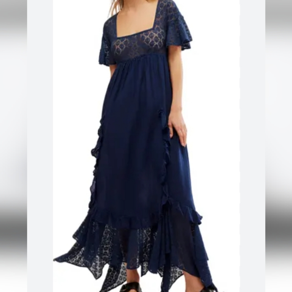 Free People Bring The Romance Back dress size Small navy handchief hem maxi.